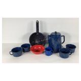 Enamelware, coffee pot, pan, bowl and mugs