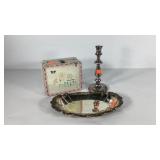 Silverplated tray and candlestick, with a vintage