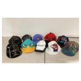 Ten hats including Star Wars, Mario Kart, Phinas