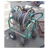Water Hose Reel, pull cart type with hose, rustic