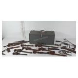 20" Wooden toolbox and contents, pipe wrenches,