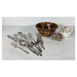 Stoneware bowl, painted eggs, Oneida flatware and