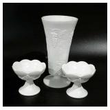 Grape design milk glass vase and candleholders,