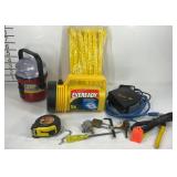 Floating lantern, lamp, measuring tapes, pad lock