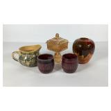 Pottery and glass group, 2 jugtown wear mugs,