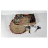 Locks, shelf brackets, wine skin, scissors, drain