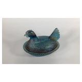 Carnival glass, blue hen on nest, 7 inches