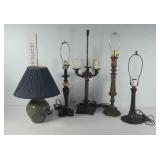 5 table lamps, one ceramic with shade, two metal,