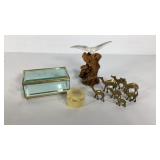 Decor group, brass camels, alabaster trinket box,