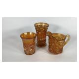 Carnival glass, marigold vase, glass and creamer