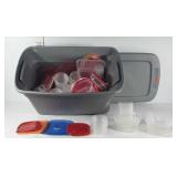 Large tote with poly refrigerator dishes, various