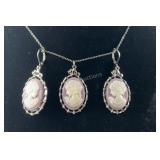 Lavender cameo necklace 16in with earrings
