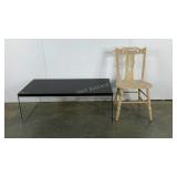 Coffee table with glass legs, chair, seller code