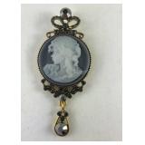 Gray Austrian crystal cameo goldtone brooch