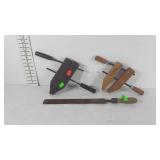 Two wooden hand screw clamps, one marked