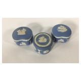 Three Wedgwood blue Jasperware trinket or jewelry