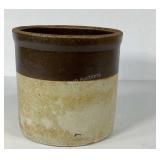 Brown over white stoneware crock, 8 inches across