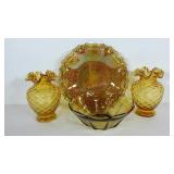 Amber glass group, two Fenton style ruffle top