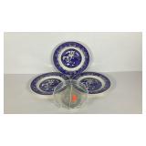 Three blue willow dinner plates and hobnail glass
