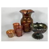 Carnival glass, five pieces, all have had repairs