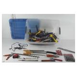 Tote full of miscellaneous tools, files, auger