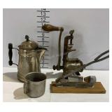 Coffee pot, tin cup, universal grinder, nutcracker