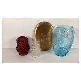 Italian glass vase, bronze wall hanging and two