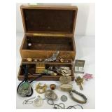 Jewelry box with jewelry, pill box, bolo tie,