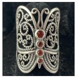 Garnet Butterfly Ring 6.7 grams Sterling Silver,