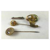 Two stick pins, sterling pin, and brooch