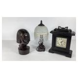 Decor group, accent lamp, carved wooden bust and