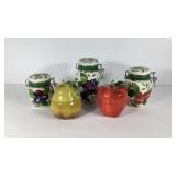 Fruit themed ceramic canisters, five