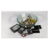 Costume jewelry in fruit motif glass bowl, some