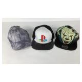Three adjustable ball caps including Bioworld