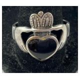 Large Black Onyx Claddagh Ring, Sterling Silver