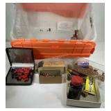 Plasric tote with mixed ammo and supplies, caps,