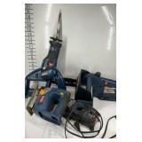 Tools, Ryobi jig saw, flashlight, charger, and
