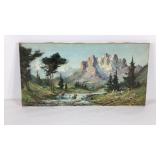 Mountain scape painting on canvas, signed, 32x16