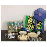 Homegoods, dishes, tote bags, mugs, organizer,