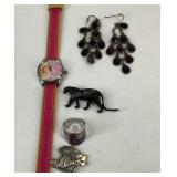 Barbie wrist watch not running, flag ring,