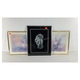 Three framed pictures, Drouguett cats 16x20,