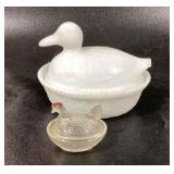 Glass duck on nest and mini hen on nest