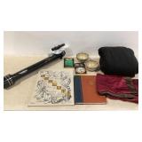Books, telescope parts, blanket, pottery bowls