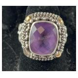 925 & 18K Amethyst Ring Signed BA (Missing 1 18K