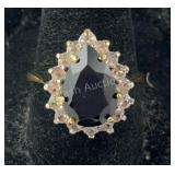 Gold over Silver Black Onyx CZ Halo Ring,