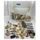 Plastic tote with military related items, pins,