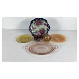 Painted china plate, depression glass platter,
