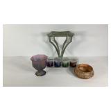 Decor group, painted Rueven glass, signed pottery