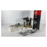 All Clad cookware, steamer baskets, utensils, 7.5