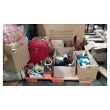 Skid with clothing, dishware, basket, suitcase,